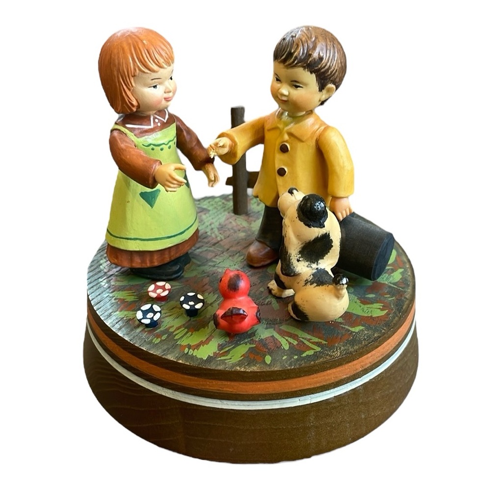 Anri Thorens Musical Figurine Children Dog Italy HandCrafted Painted MCM Rotates